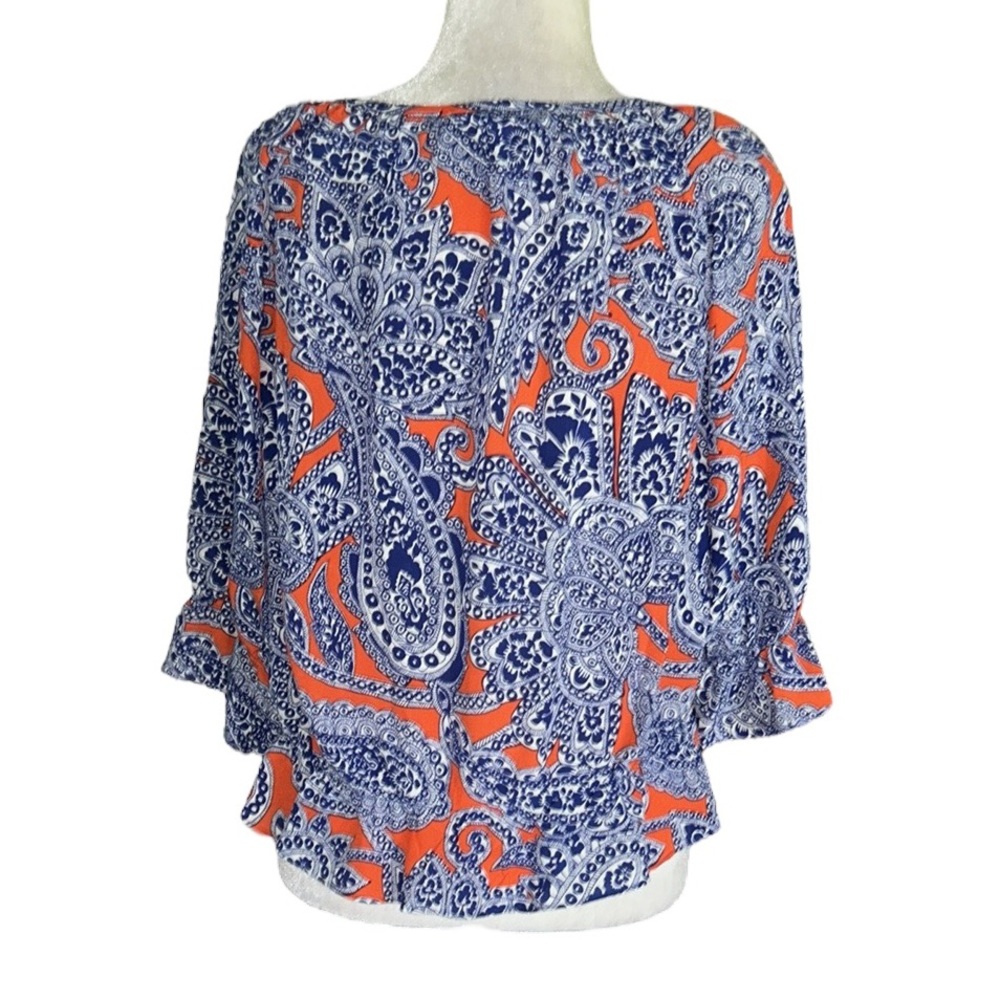 Trina Turk Silk Navy Blue & Orange Paisley Printed Cutout Ruffle Blouse - S - Picture 6 of 11